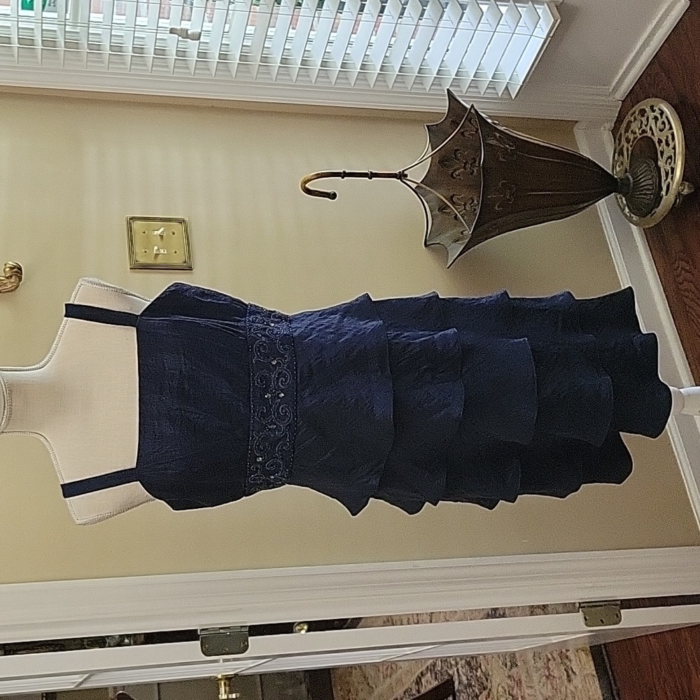 R&M RICHARDS navy blue tiered dress empire waist beaded fully lined sz 12 EUC …